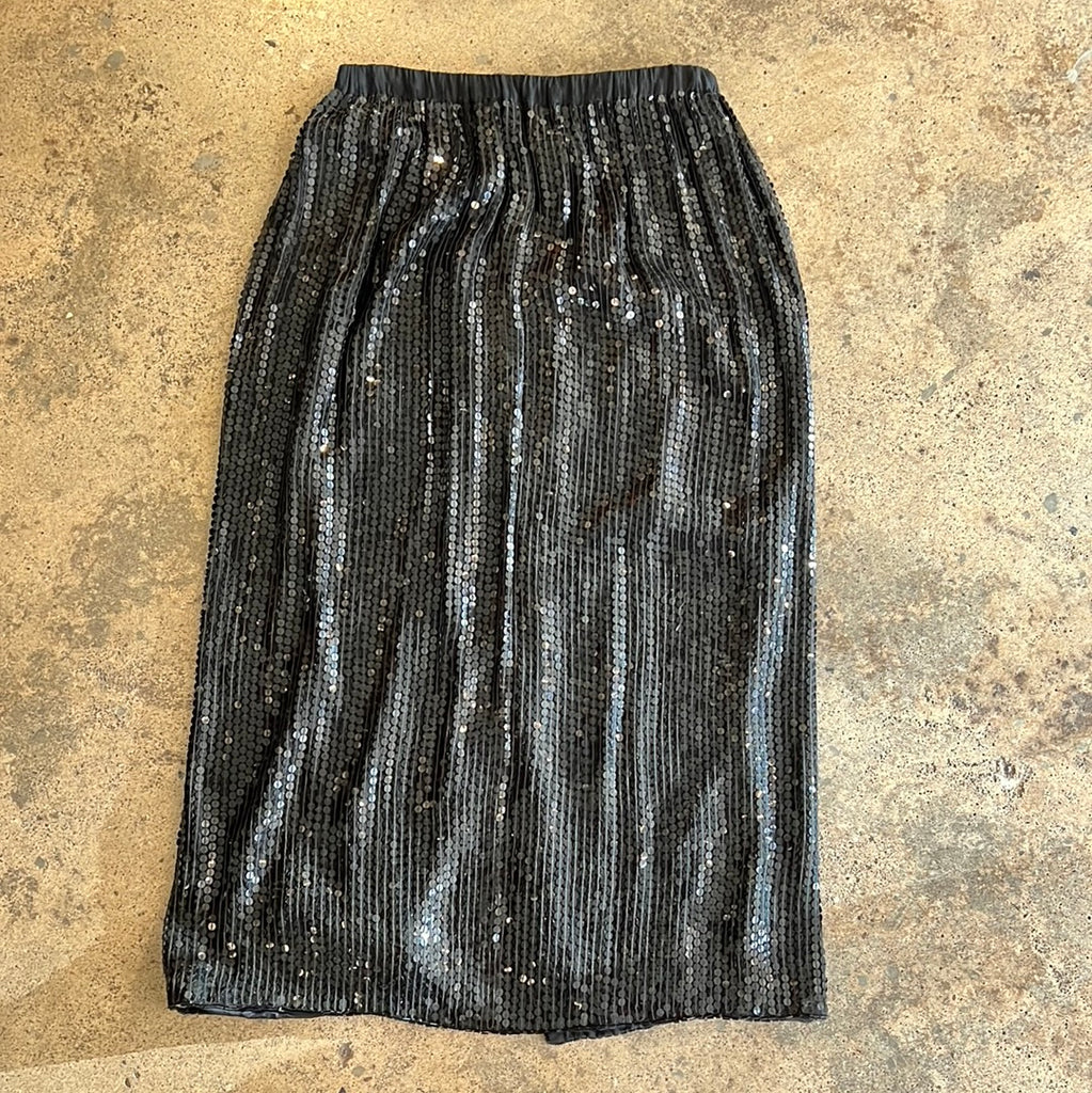 Black Silk Sequin Midi Skirt